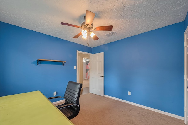 15726 Blackhawk Blvd, Friendswood, TX 77546 - unfurnished office with ceiling fan, baseboards, a textured ceiling, and carpet floors