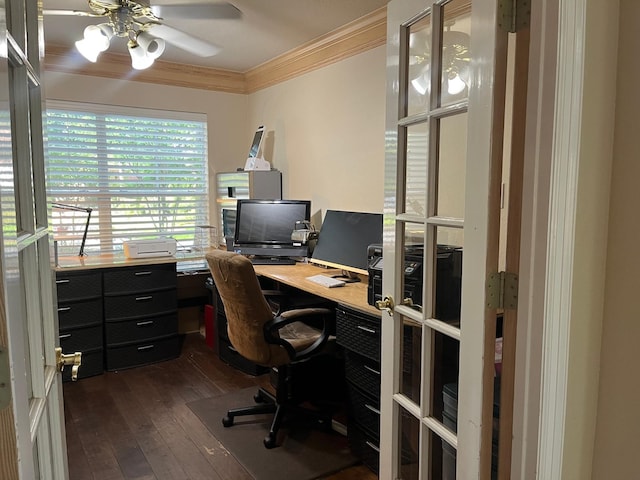 3 Candle Pine Pl, The Woodlands, TX 77381 - office space with crown molding, a ceiling fan, and dark wood finished floors