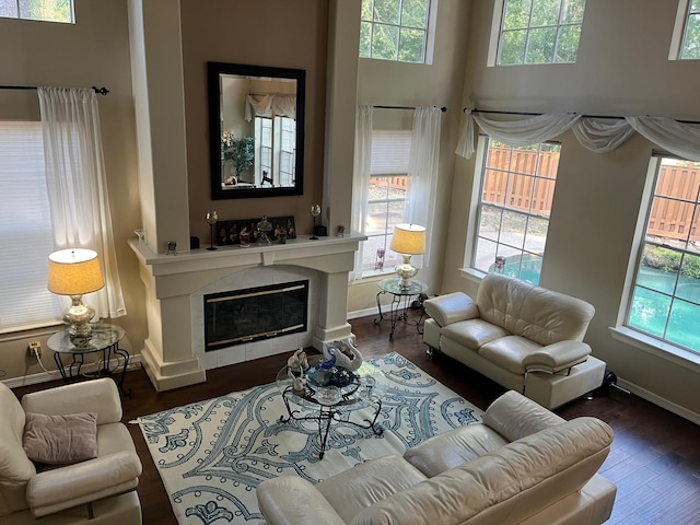 3 Candle Pine Pl, The Woodlands, TX 77381 - living area with healthy amount of natural light, wood finished floors, a glass covered fireplace, baseboards, and a towering ceiling