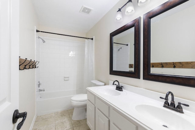 38 Florian Ct, Conroe, TX 77385 - bathroom with double vanity, shower / bathtub combination with curtain, and toilet