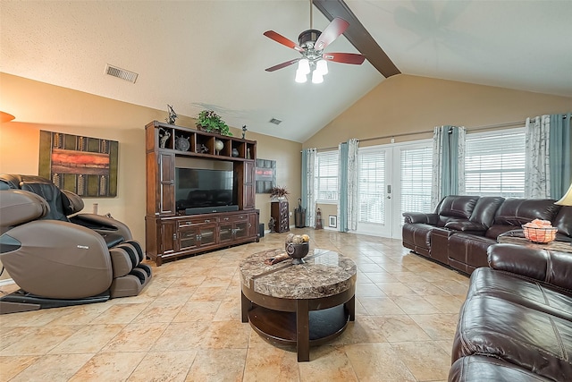 792 W Bayshore Dr, Palacios, TX 77465 - living room featuring ceiling fan, high vaulted ceiling, and french doors