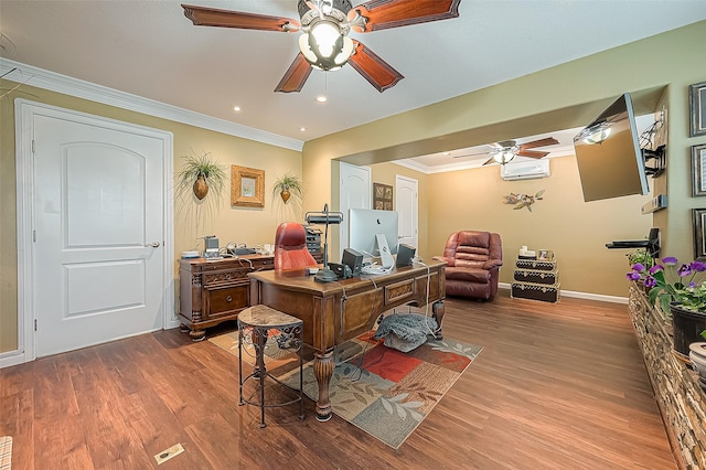 792 W Bayshore Dr, Palacios, TX 77465 - office space with a ceiling fan, ornamental molding, wood finished floors, a wall mounted air conditioner, and baseboards
