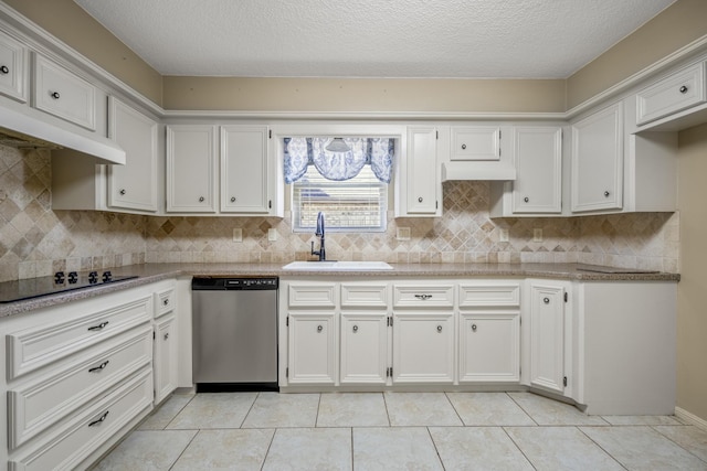12114 Knobcrest Dr, Houston, TX 77070 - kitchen with stainless steel dishwasher, a sink, black electric stovetop, light tile patterned floors, and a textured ceiling