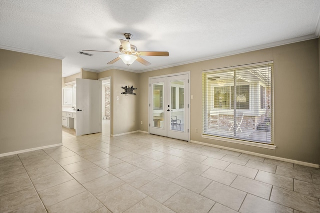 12114 Knobcrest Dr, Houston, TX 77070 - spare room featuring a ceiling fan, a textured ceiling, ornamental molding, french doors, and light tile patterned floors
