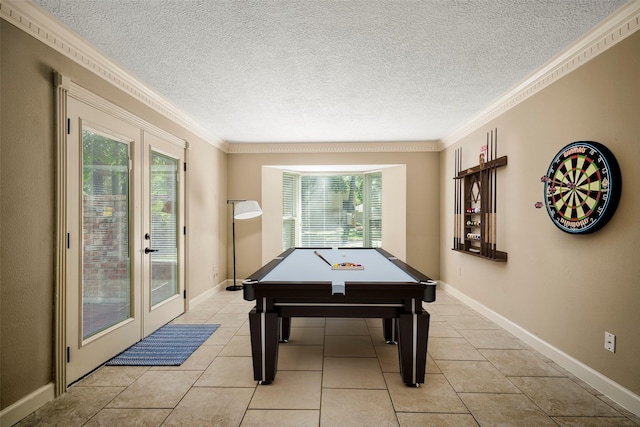 12114 Knobcrest Dr, Houston, TX 77070 - rec room featuring healthy amount of natural light, a textured ceiling, crown molding, billiards table, and baseboards