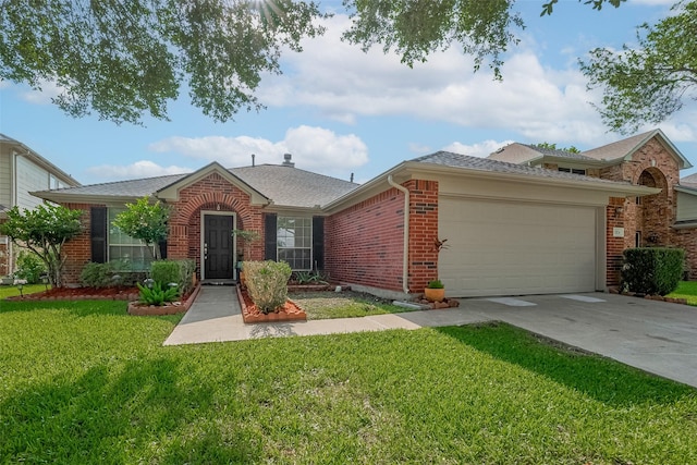 11826 Balmorhea Ln, Sugar Land, TX 77498 - view of front of home with brick siding, a garage, driveway, a front lawn, and a shingled roof