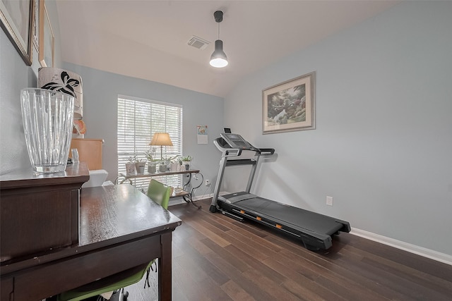11826 Balmorhea Ln, Sugar Land, TX 77498 - workout area with dark wood finished floors, baseboards, and lofted ceiling