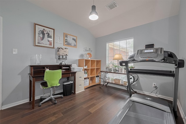 11826 Balmorhea Ln, Sugar Land, TX 77498 - office featuring wood finished floors, lofted ceiling, and baseboards