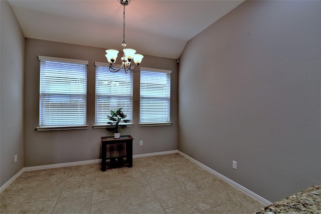 24302 Marisa Ln, Richmond, TX 77406 - unfurnished dining area featuring a chandelier and vaulted ceiling