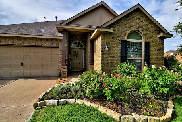 24302 Marisa Ln, Richmond, TX 77406 - view of front of house with brick siding, a garage, concrete driveway, and roof with shingles
