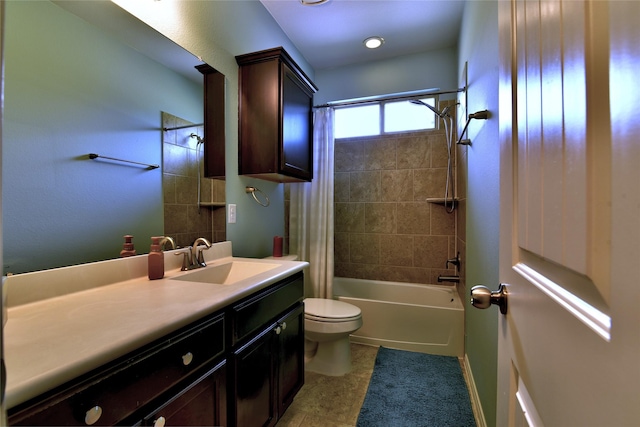 24302 Marisa Ln, Richmond, TX 77406 - bathroom with shower / bathtub combination with curtain, vanity, and tile patterned floors