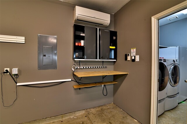 24302 Marisa Ln, Richmond, TX 77406 - laundry room featuring an AC wall unit, electric panel, and washing machine and clothes dryer