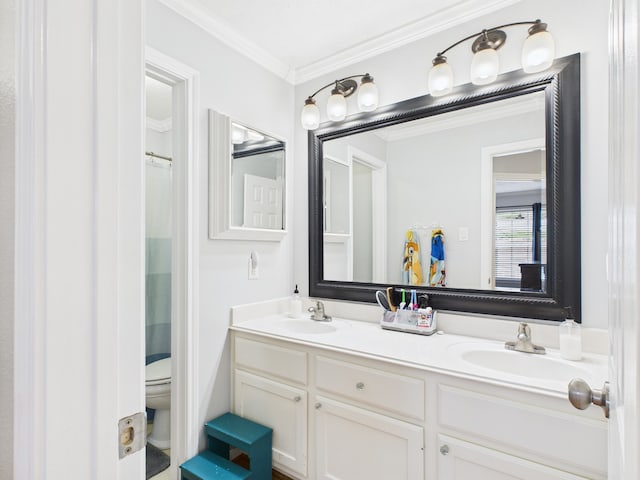 3707 Scenic Valley Dr, Kingwood, TX 77345 - bathroom featuring double vanity, toilet, ornamental molding, and a shower