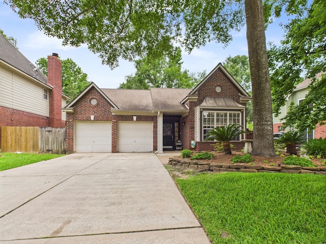 3707 Scenic Valley Dr, Kingwood, TX 77345 - view of front of house featuring an attached garage, brick siding, concrete driveway, a shingled roof, and a standing seam roof