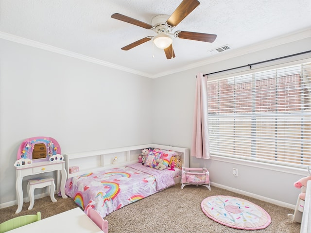 3707 Scenic Valley Dr, Kingwood, TX 77345 - bedroom with carpet flooring, crown molding, baseboards, a ceiling fan, and a textured ceiling