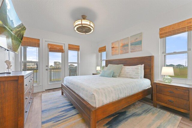 4003 Indian Beach Dr, Galveston, TX 77554 - bedroom featuring multiple windows, access to outside, and light wood-type flooring