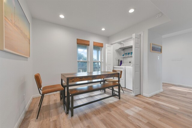 4003 Indian Beach Dr, Galveston, TX 77554 - dining room featuring washer / dryer, light wood-style floors, baseboards, and recessed lighting