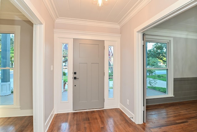 1031 Meyer St, Sealy, TX 77474 - foyer with plenty of natural light, dark wood finished floors, and ornamental molding