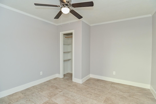 1031 Meyer St, Sealy, TX 77474 - unfurnished bedroom with crown molding, a ceiling fan, a spacious closet, and a closet