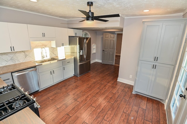 1031 Meyer St, Sealy, TX 77474 - kitchen featuring stainless steel appliances, ornamental molding, ceiling fan, a textured ceiling, and tasteful backsplash