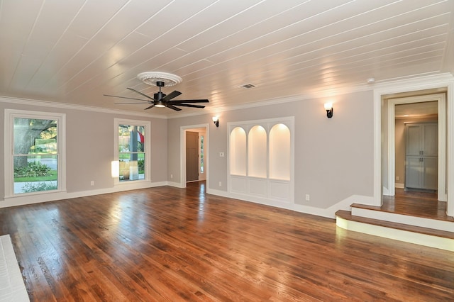 1031 Meyer St, Sealy, TX 77474 - unfurnished living room with crown molding, a ceiling fan, and hardwood / wood-style flooring
