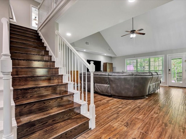 238 Royal Pnes, Lufkin, TX 75904 - stairway with wood finished floors, ceiling fan, high vaulted ceiling, and recessed lighting