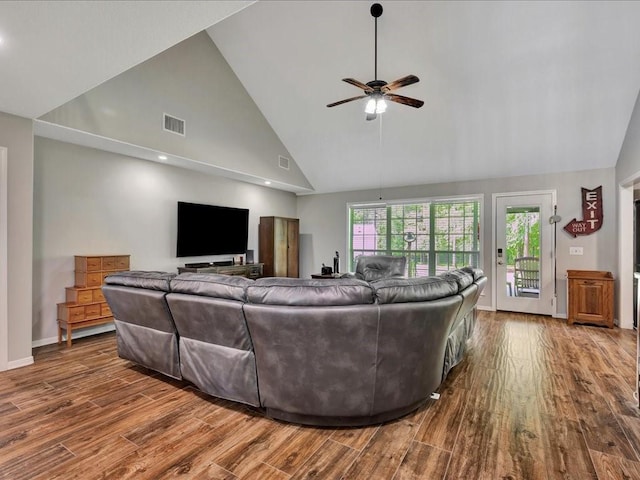 238 Royal Pnes, Lufkin, TX 75904 - living area featuring wood finished floors, high vaulted ceiling, a ceiling fan, and baseboards