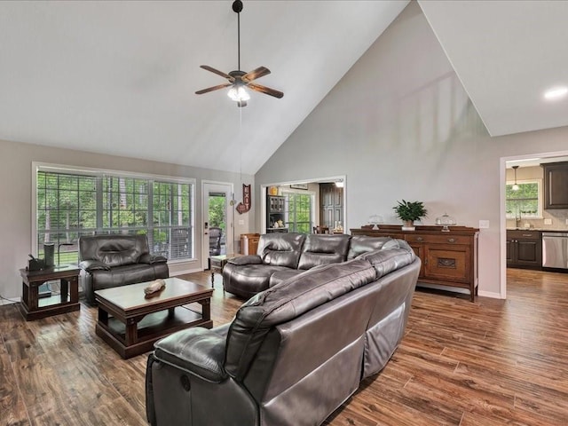 238 Royal Pnes, Lufkin, TX 75904 - living room featuring high vaulted ceiling, dark wood-style flooring, ceiling fan, and baseboards