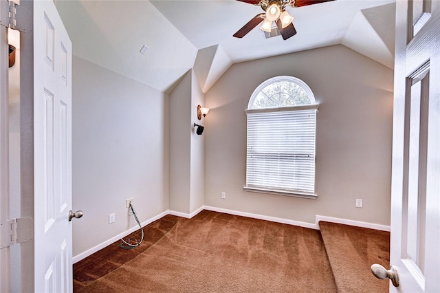 24430 Silverton Valley Ln, Katy, TX 77494 - unfurnished room with carpet, a ceiling fan, lofted ceiling, and baseboards