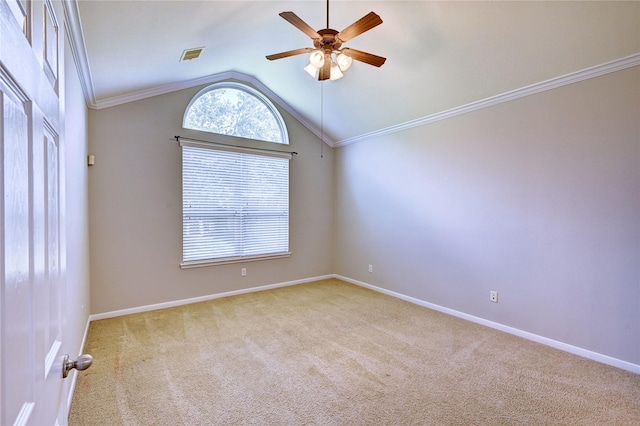 24430 Silverton Valley Ln, Katy, TX 77494 - carpeted empty room featuring ceiling fan, vaulted ceiling, baseboards, and crown molding