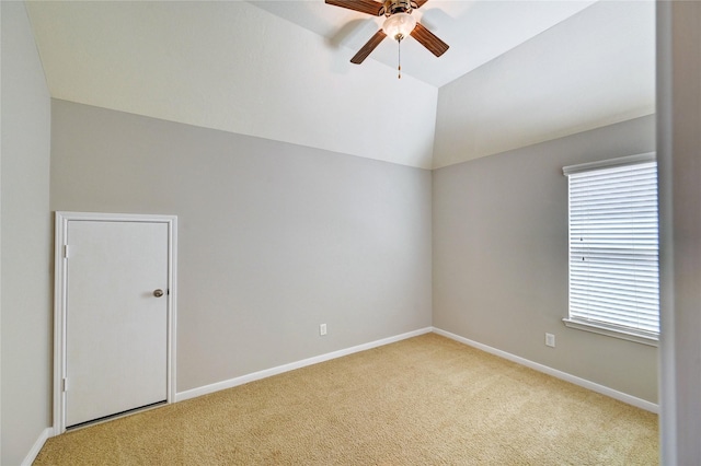 24430 Silverton Valley Ln, Katy, TX 77494 - empty room featuring ceiling fan, carpet, baseboards, and vaulted ceiling