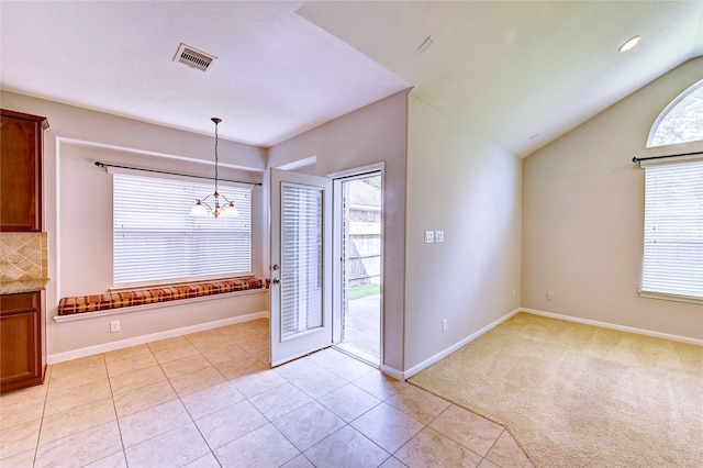24430 Silverton Valley Ln, Katy, TX 77494 - unfurnished dining area with a chandelier, baseboards, vaulted ceiling, light tile patterned floors, and light carpet