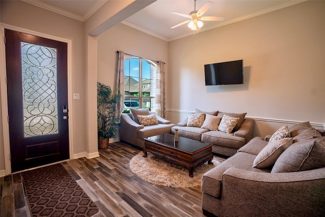 31007 Laurel Creek Ln, Conroe, TX 77385 - entryway featuring dark wood finished floors, a ceiling fan, baseboards, and crown molding
