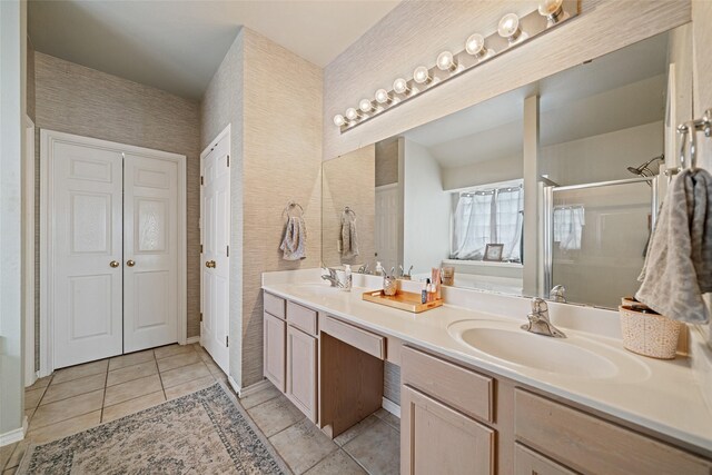 5325 High Bank Dr, Corpus Christi, TX 78413 - bathroom featuring double vanity, a shower stall, tile patterned floors, and a tub
