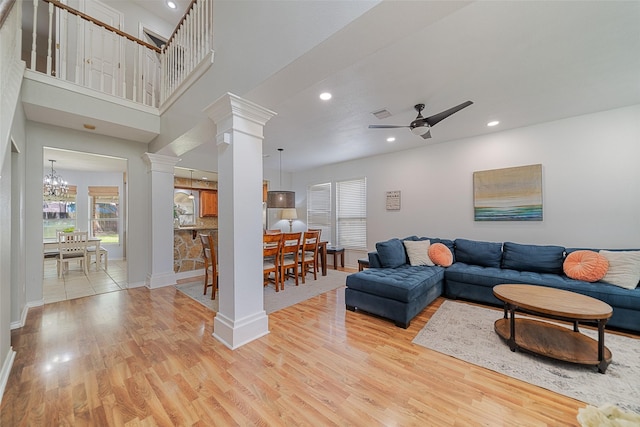 5325 High Bank Dr, Corpus Christi, TX 78413 - living room featuring ornate columns, light wood-style flooring, a ceiling fan, recessed lighting, and baseboards