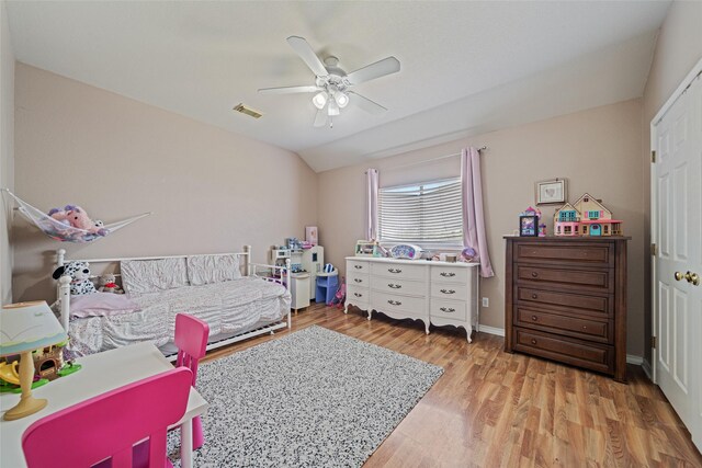 5325 High Bank Dr, Corpus Christi, TX 78413 - bedroom with lofted ceiling, wood finished floors, ceiling fan, and baseboards