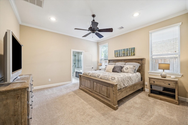 110 Deer Plain Dr, Spring, TX 77389 - bedroom featuring light colored carpet, baseboards, crown molding, recessed lighting, and connected bathroom