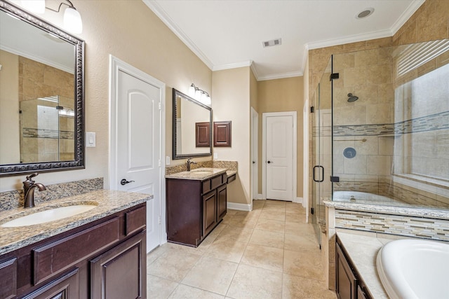 110 Deer Plain Dr, Spring, TX 77389 - full bath with a stall shower, a garden tub, two vanities, crown molding, and baseboards