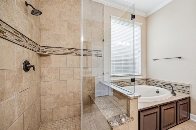 110 Deer Plain Dr, Spring, TX 77389 - full bathroom with tiled shower, a garden tub, and crown molding