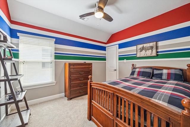 110 Deer Plain Dr, Spring, TX 77389 - bedroom with vaulted ceiling, light colored carpet, baseboards, and a ceiling fan