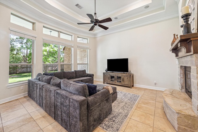 110 Deer Plain Dr, Spring, TX 77389 - living area with crown molding, plenty of natural light, ceiling fan, light tile patterned flooring, and a high ceiling