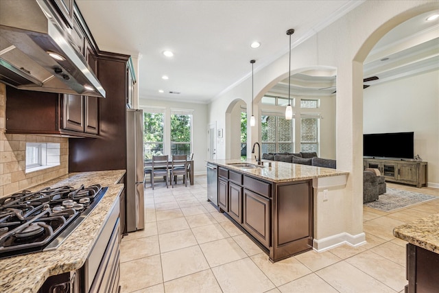 110 Deer Plain Dr, Spring, TX 77389 - kitchen featuring exhaust hood, ornamental molding, a sink, stainless steel appliances, and dark brown cabinetry
