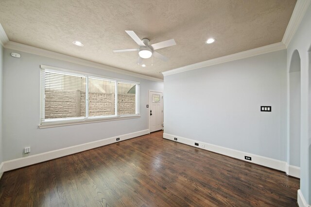 1773 Aden Dr, Houston, TX 77003 - empty room featuring a ceiling fan, recessed lighting, baseboards, wood finished floors, and ornamental molding