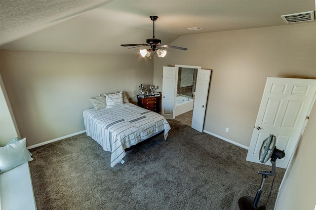 2039 Wembley Way, Rosenberg, TX 77471 - bedroom featuring lofted ceiling, dark colored carpet, baseboards, a ceiling fan, and a textured ceiling