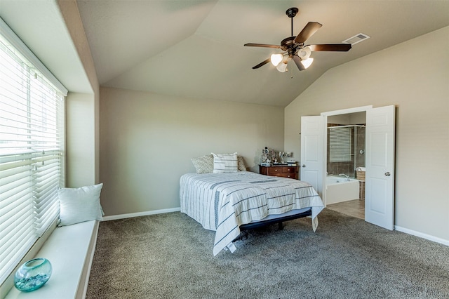 2039 Wembley Way, Rosenberg, TX 77471 - carpeted bedroom with lofted ceiling, baseboards, a ceiling fan, and connected bathroom