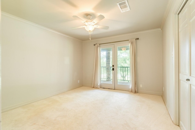 3003 Sky Ranch Dr, Alvin, TX 77511 - spare room featuring french doors, light carpet, ornamental molding, baseboards, and a ceiling fan