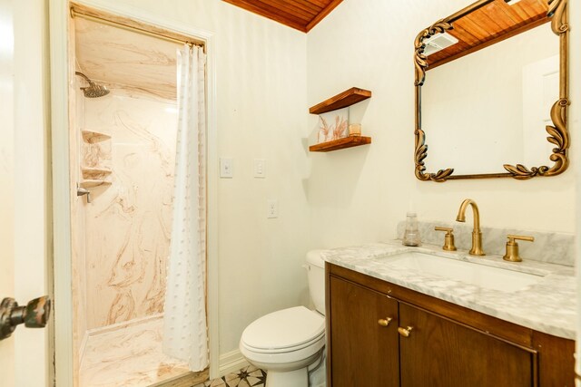 3003 Sky Ranch Dr, Alvin, TX 77511 - full bath with vanity, a shower with curtain, toilet, wooden ceiling, and baseboards