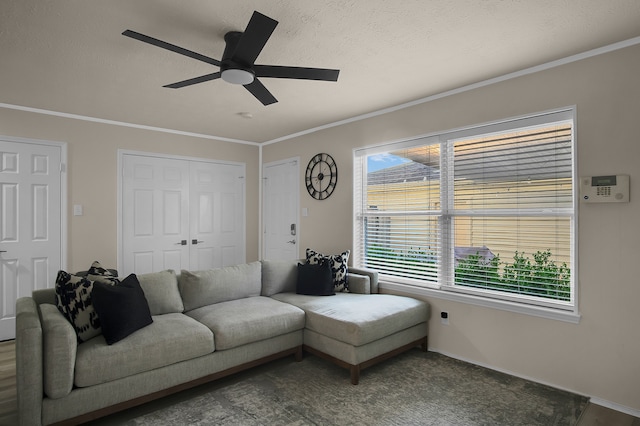 12250 Beamer Rd, Houston, TX 77089 - living area featuring a ceiling fan, plenty of natural light, crown molding, baseboards, and a textured ceiling
