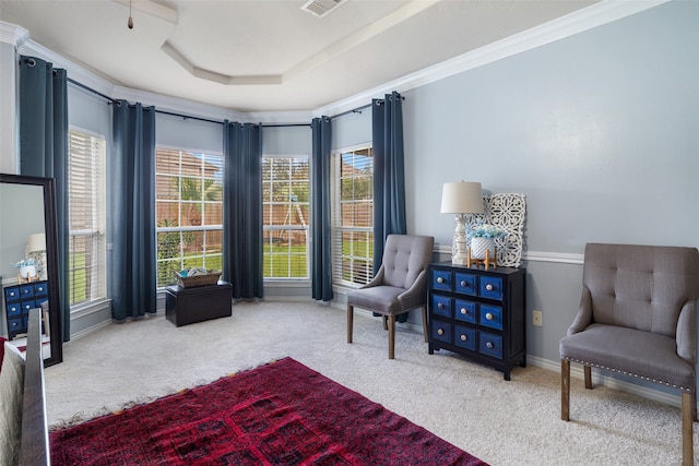 2106 Asbury Ct, Pearland, TX 77581 - living area featuring carpet floors, healthy amount of natural light, baseboards, and crown molding