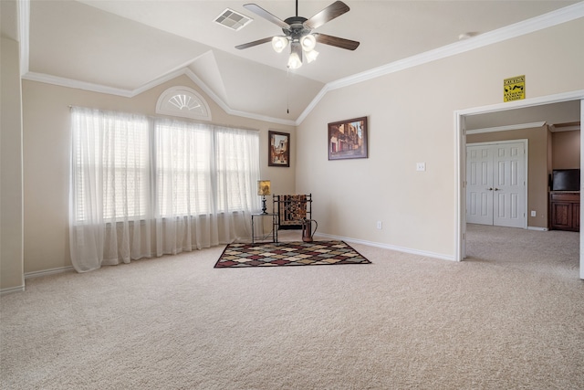 2106 Asbury Ct, Pearland, TX 77581 - sitting room featuring carpet floors, ceiling fan, baseboards, lofted ceiling, and ornamental molding